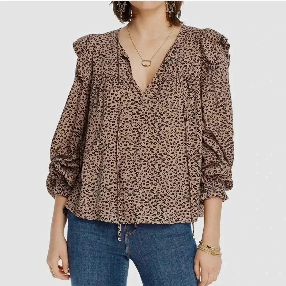 LINI Women Brown Black Ruffle V-Neck Puff Long-Sleeve Blouse Top Size Medium